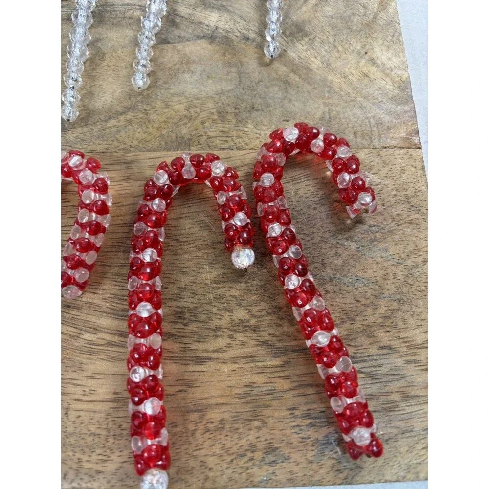 22 Vintage Christmas Clear Beaded Icicle Ornaments + 8 Candy Canes Handmade